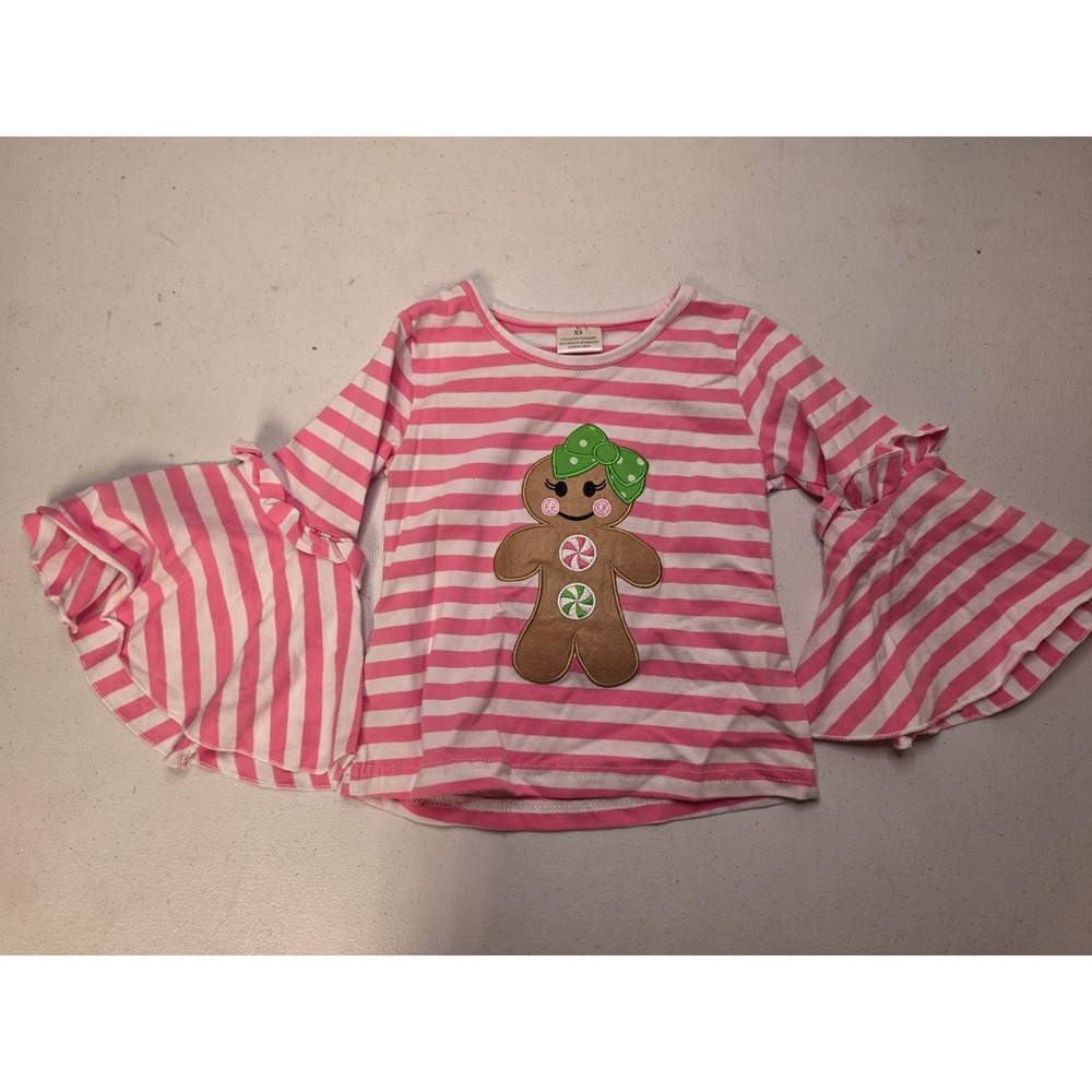 Boutique Girls Pink Striped Gingerbread Girl Bell Sleeve Holiday Top Size 2T XS